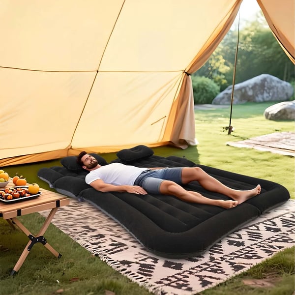 SUV luftmadras - oppustelig bilmadras - Med Puder - 12V 75W Pumpe - Mål 1,74×1,26 m - Bæreevne 300 kg - Flocket PVC - Sort