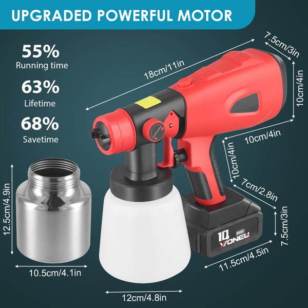 Malesprøjte / Sprøjtepistol - Ledningsfri Elektrisk - 800 ml Beholder - 2×2600 mAh Batterier - Til Maling & Havesprøjtning - Rød