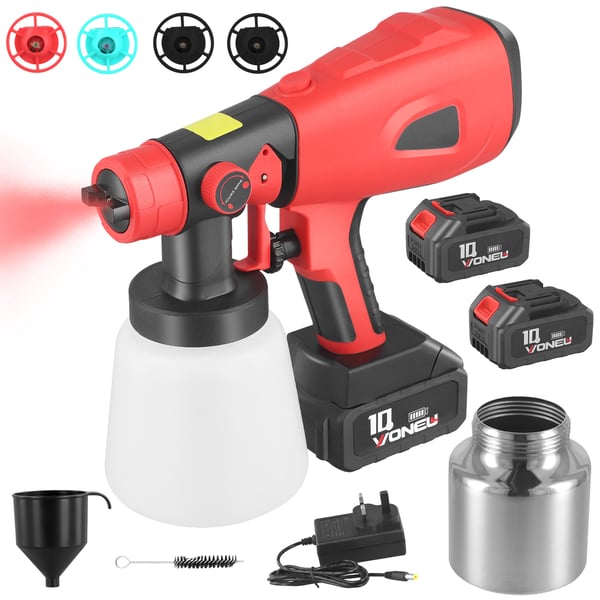 Malesprøjte / Sprøjtepistol - Ledningsfri Elektrisk - 800 ml Beholder - 2×2600 mAh Batterier - Til Maling & Havesprøjtning - Rød