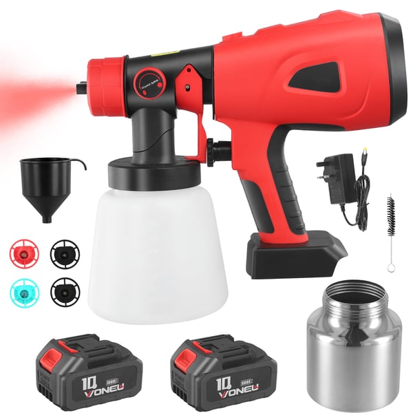 Malesprøjte / Sprøjtepistol - Ledningsfri Elektrisk - 800 ml Beholder - 2×2600 mAh Batterier - Til Maling & Havesprøjtning - Rød