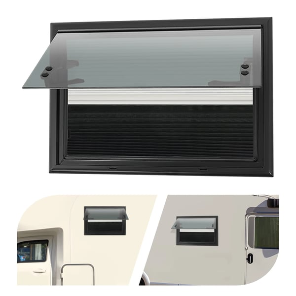 Autocamper/Caravan Vindue - Udvendigt Vindue - Hærdet Glas - Aluminiumsramme - Myggenet - Udsparing 50×35 cm - Til væg 30–40 mm - Sort Autocamper/Caravan Vindue - Udvendigt Vindue - Hærdet Glas - Aluminiumsramme - Myggenet - Udsparing 50×35 cm - Til væg 30–40 mm - Sort