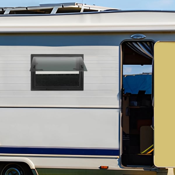 Autocamper/Caravan Vindue - Udvendigt Vindue - Hærdet Glas - Aluminiumsramme - Myggenet - Udsparing 50×35 cm - Til væg 30–40 mm - Sort