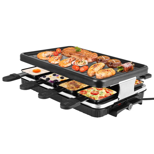 Elektrisk raclette- og BBQ-bordgrill - Til 3–5 personer - Aftagelig non-stick plade - Temperaturkontrol - 1300 W - EU-stik - Rød