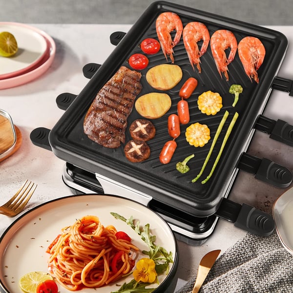 Sähköinen raclette- ja BBQ-pöytägrilli - 3–5 hengelle - Irrotettava tarttumaton levy - Lämpötilansäätö - 1300 W - EU-pistoke - Punainen