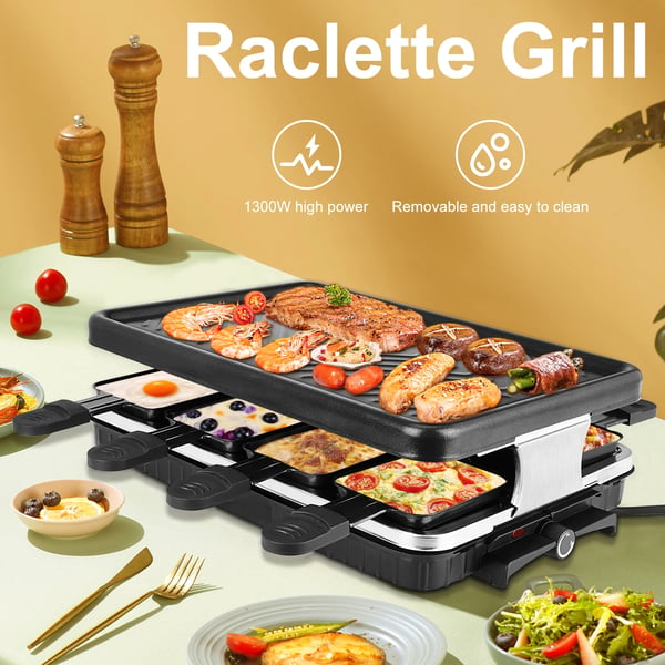 Sähköinen raclette- ja BBQ-pöytägrilli - 3–5 hengelle - Irrotettava tarttumaton levy - Lämpötilansäätö - 1300 W - EU-pistoke - Punainen