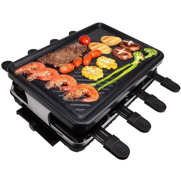 Sähköinen raclette- ja BBQ-pöytägrilli - 3–5 hengelle - Irrotettava tarttumaton levy - Lämpötilansäätö - 1300 W - EU-pistoke - Punainen