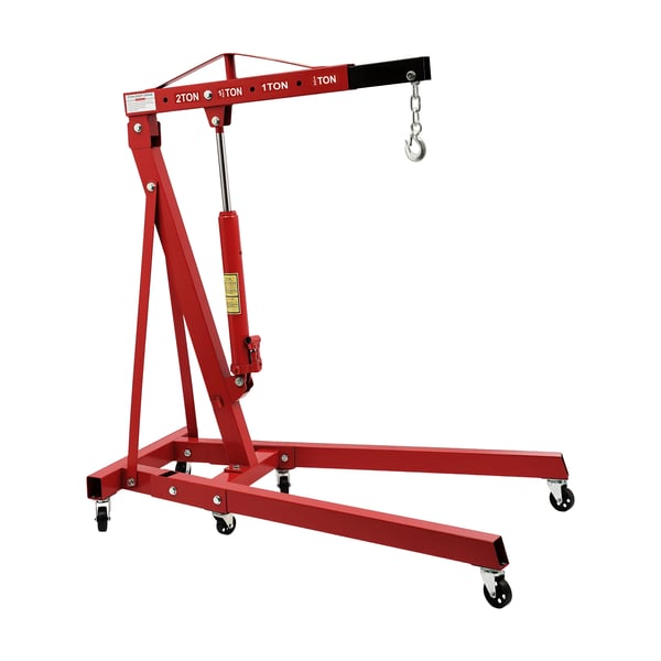 Motorløfter / Motorkran - Sammenklappelig Værkstedskran - 2 ton (2000 kg) - Kulstofstål - 6 Jernhjul - Høj Løftehøjde - Rød