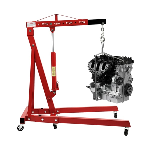 Motorløfter / Motorkran - Sammenklappelig Værkstedskran - 2 ton (2000 kg) - Kulstofstål - 6 Jernhjul - Høj Løftehøjde - Rød