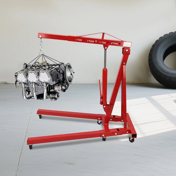 Motorløfter / Motorkran - Sammenklappelig Værkstedskran - 2 ton (2000 kg) - Kulstofstål - 6 Jernhjul - Høj Løftehøjde - Rød