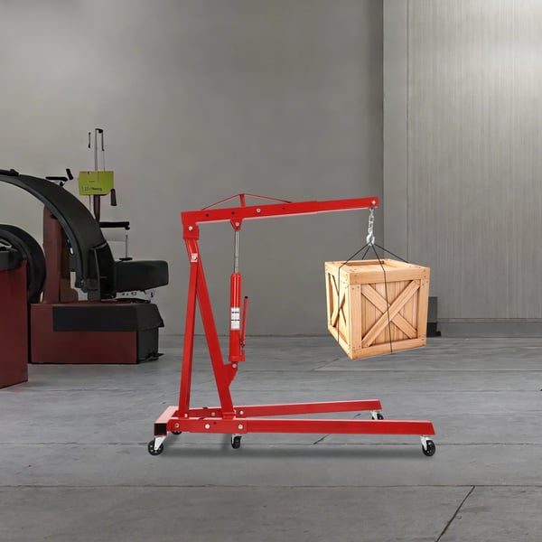 Motorløfter / Motorkran - Sammenklappelig Værkstedskran - 2 ton (2000 kg) - Kulstofstål - 6 Jernhjul - Høj Løftehøjde - Rød