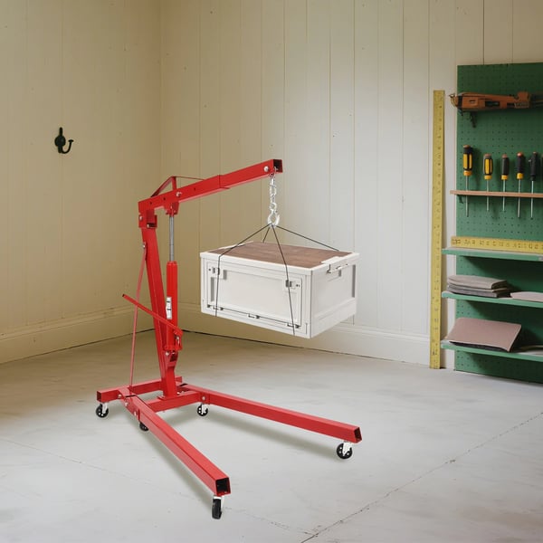 Motorløfter / Motorkran - Sammenklappelig Værkstedskran - 2 ton (2000 kg) - Kulstofstål - 6 Jernhjul - Høj Løftehøjde - Rød