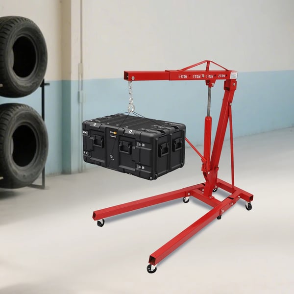 Motorløfter / Motorkran - Sammenklappelig Værkstedskran - 2 ton (2000 kg) - Kulstofstål - 6 Jernhjul - Høj Løftehøjde - Rød