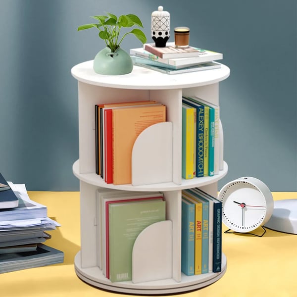 Roterende bogreol - 2 hylder - 360° rotation - 40×40×60 cm - Maks 100 kg - Fritstående - Stabelbar - Træ-plastkomposit (PVC) - Hvid