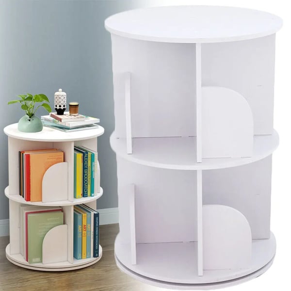 Roterende bogreol - 2 hylder - 360° rotation - 40×40×60 cm - Maks 100 kg - Fritstående - Stabelbar - Træ-plastkomposit (PVC) - Hvid
