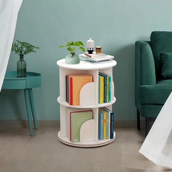 Roterende bogreol - 2 hylder - 360° rotation - 40×40×60 cm - Maks 100 kg - Fritstående - Stabelbar - Træ-plastkomposit (PVC) - Hvid