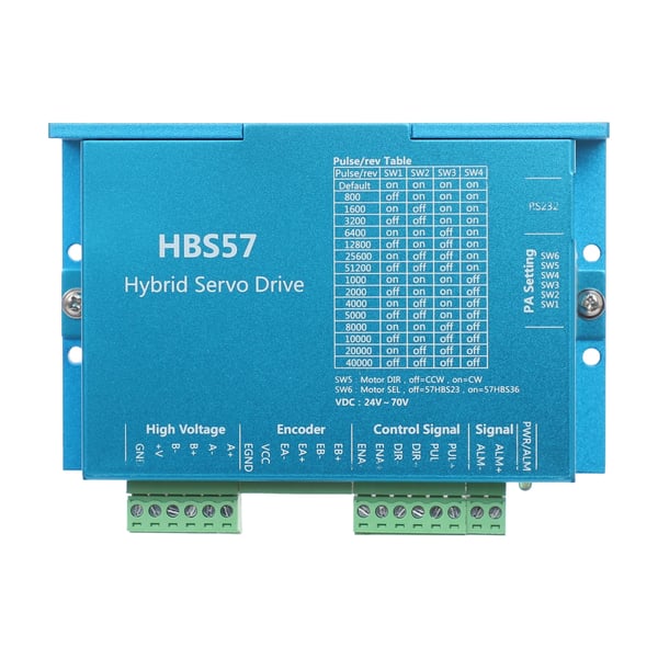 NEMA 23 Stepper-/Servo-driver - HBS57 - DC 24–60V - 5A peak - 2–256 microstep, 51200 trin/omdr - 5–24V pulssignal - Til CNC - 32-bit DSP