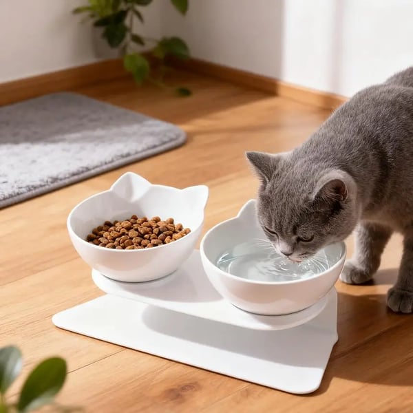 Hævet dobbelskål til hund og kat - Foder- og vandskål - Spildfri - Skridsikker bund - Stor kapacitet - Let at opbevare - Rund form i plast - Hvid