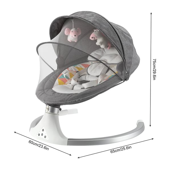Babygynge & Vippestol - Elektrisk - 5 Hastigheder - Sammenklappelig - Musik - Timer - Max 20 kg - 0–6 Måneder - Grå