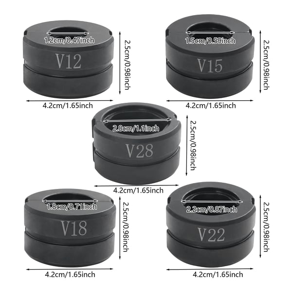 Presskæber V-kontur - Sæt 5 stk - Til kobberrør 12/15/18/22/28 mm - Til pressetang/krympetang - Sort