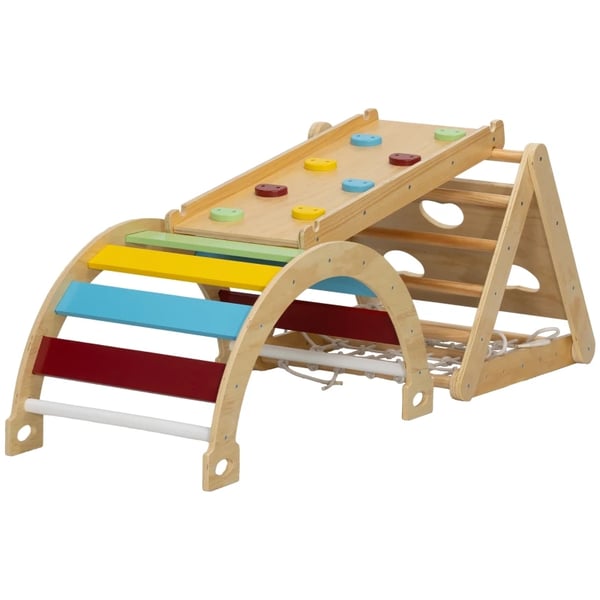 Montessori kiipeilyteline - Pikler kolmiosetti - 7‑osainen - Taitettava - Puu - Köysiverkko - Sisäkäyttöön - Monivärinen