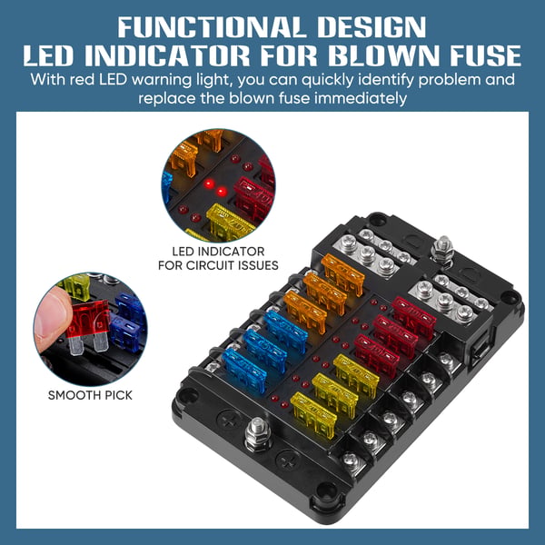 Sulakerasia/sulakepidin autoon/veneeseen - 12-piiri 12 V - Negatiivinen virtakisko - Punainen LED-merkkivalo - 12 paikkaa
