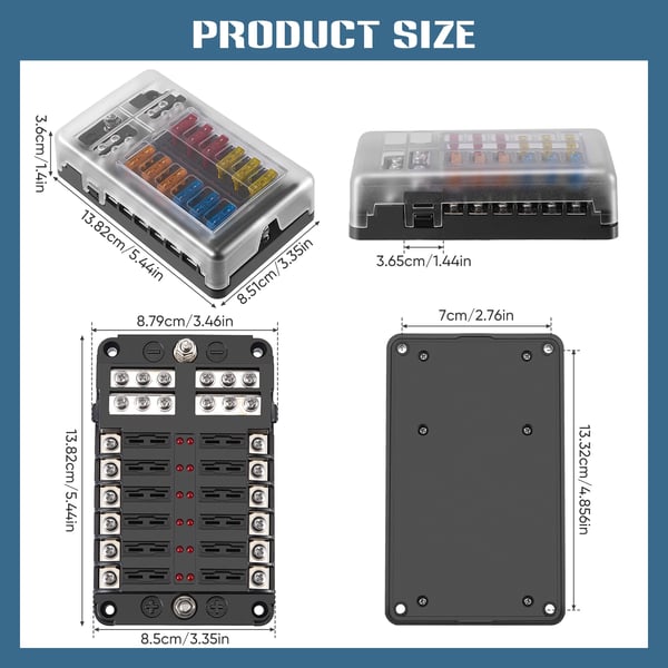 Sulakerasia/sulakepidin autoon/veneeseen - 12-piiri 12 V - Negatiivinen virtakisko - Punainen LED-merkkivalo - 12 paikkaa