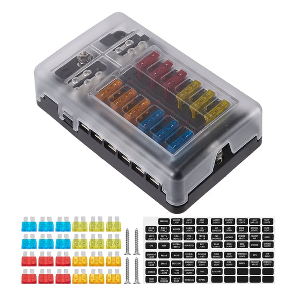 Sulakerasia/sulakepidin autoon/veneeseen - 12-piiri 12 V - Negatiivinen virtakisko - Punainen LED-merkkivalo - 12 paikkaa