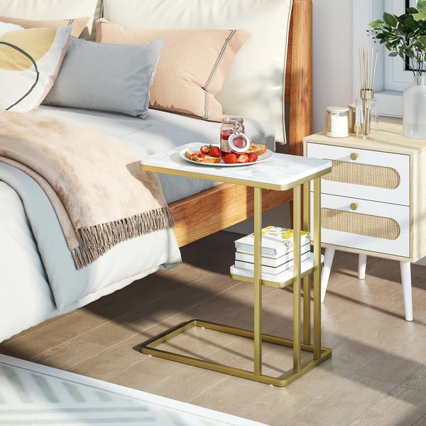 Sidobord & Nattduksbord - C-format - Smalt - Med Hylla - Rektangulärt - 50×30×57,5 cm - Vit
