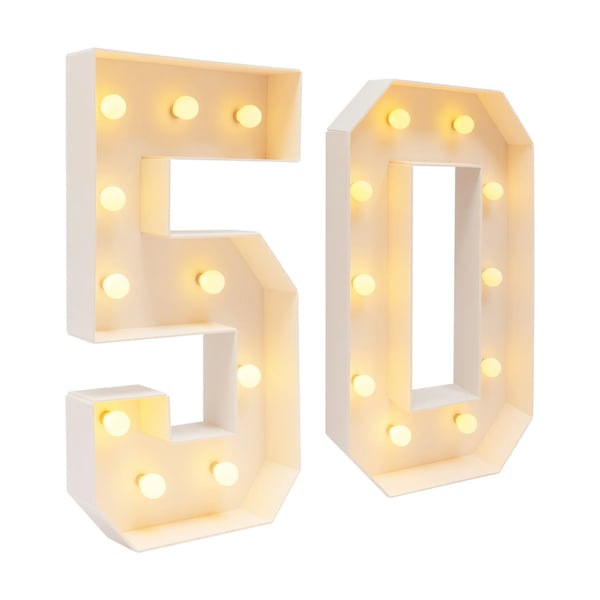 LED Nummerlampe - 100 cm - Varmt Lys - Tal 50 - Til Fødselsdag, Fest, Bryllup - Hvid