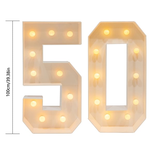 LED Nummerlampe - 100 cm - Varmt Lys - Tal 50 - Til Fødselsdag, Fest, Bryllup - Hvid