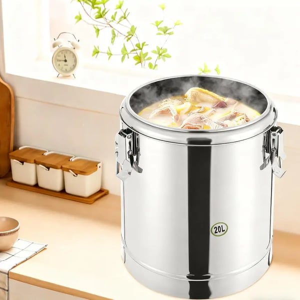 Termisk Suppebeholder - Kantinebeholder - 20 L - Rustfrit Stål - Lækagesikker - Tætsluttende Låg - Bærehåndtag - Sølv