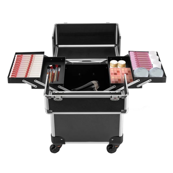 Makeupkuffert på hjul - Trolley - Stor kapacitet - Fire bakker - Teleskophåndtag - Drejehjul 360° - Låsebar - Mål 34×24×45 cm - Sort