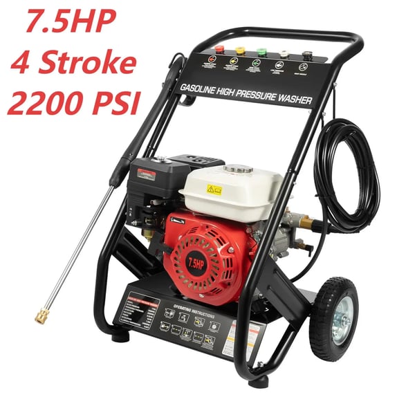 Benzindrevet højtryksrenser - 7,5 hk 4-takt - Arbejdstryk 2200 PSI (170–190 bar) - Max 2500 PSI - Flow 8,7 l/min - Håndstart - 5 dyser - Rød
