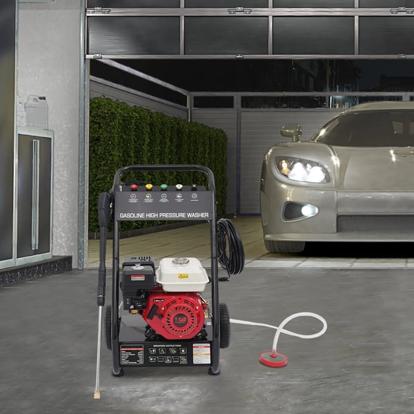Benzindrevet højtryksrenser - 7,5 hk 4-takt - Arbejdstryk 2200 PSI (170–190 bar) - Max 2500 PSI - Flow 8,7 l/min - Håndstart - 5 dyser - Rød