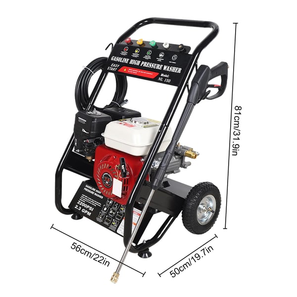 Benzindrevet højtryksrenser - 7,5 hk 4-takt - Arbejdstryk 2200 PSI (170–190 bar) - Max 2500 PSI - Flow 8,7 l/min - Håndstart - 5 dyser - Rød