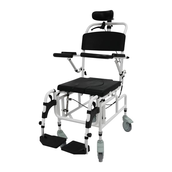 Suihku- ja wc-pyörätuoli - Kommodituoli - Korkeussäädettävä 115–136 cm - 4 pyörää, kaikissa jarrut - Enintään 100 kg - Istuinkoko 44×43 cm