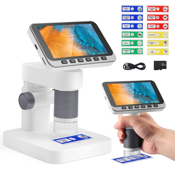 Digitaalinen mikroskooppi - Käsikäyttöinen taskumikroskooppi - Suurennus 500–1500× - IPS-näyttö 11,4 cm - Wi‑Fi ja USB - LED-valot 8 - Ruskea
