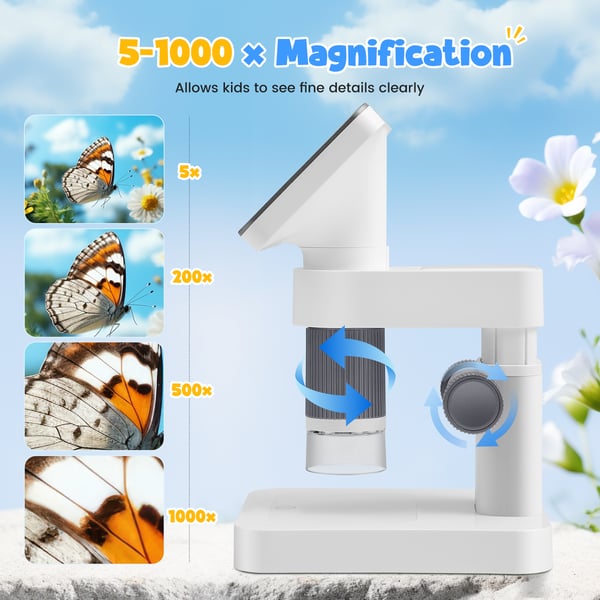 Digitaalinen mikroskooppi - Käsikäyttöinen taskumikroskooppi - Suurennus 500–1500× - IPS-näyttö 11,4 cm - Wi‑Fi ja USB - LED-valot 8 - Ruskea