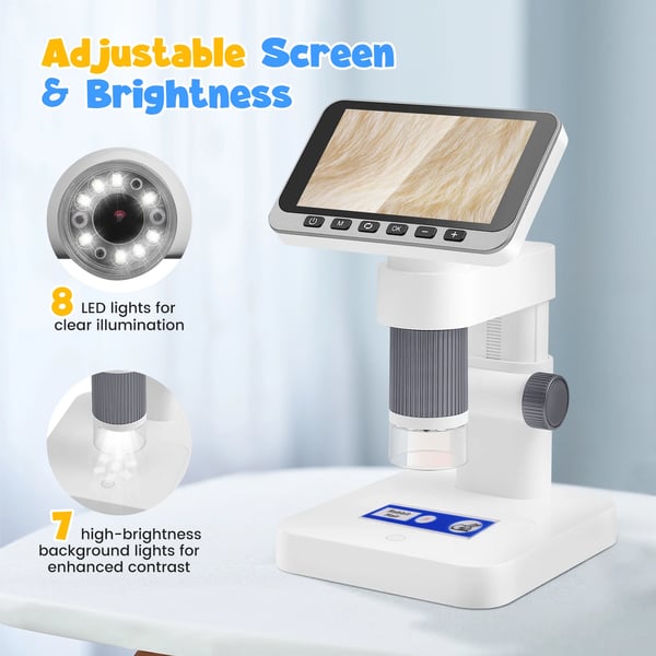 Digitaalinen mikroskooppi - Käsikäyttöinen taskumikroskooppi - Suurennus 500–1500× - IPS-näyttö 11,4 cm - Wi‑Fi ja USB - LED-valot 8 - Ruskea