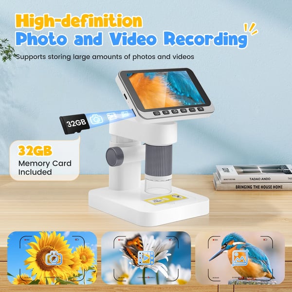 Digitaalinen mikroskooppi - Käsikäyttöinen taskumikroskooppi - Suurennus 500–1500× - IPS-näyttö 11,4 cm - Wi‑Fi ja USB - LED-valot 8 - Ruskea