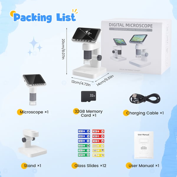 Digitaalinen mikroskooppi - Käsikäyttöinen taskumikroskooppi - Suurennus 500–1500× - IPS-näyttö 11,4 cm - Wi‑Fi ja USB - LED-valot 8 - Ruskea