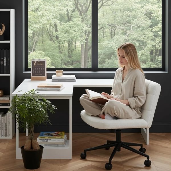 Ergonomisk kontorstol - Drejestol - Bredt sæde til skrædderstilling - Højdejusterbar - Med armlæn - Med hjul - Hvid sherpa