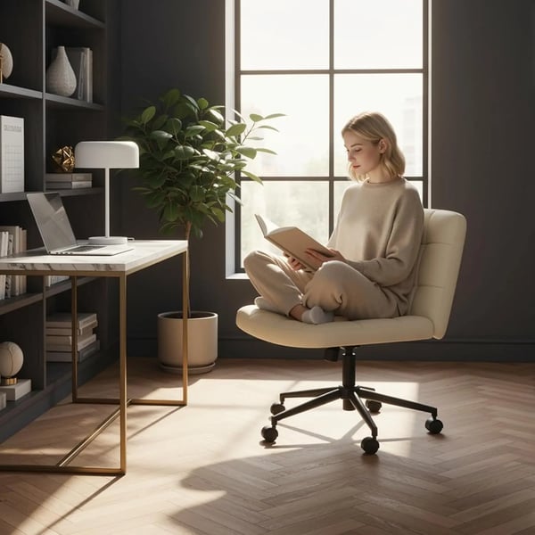 Kontorstol - Skrivebordsstol - Bredt sæde til skrædderstilling - Ergonomisk - Højdejusterbar - 360° drejbar - Med armlæn - Hjul - Beige linned