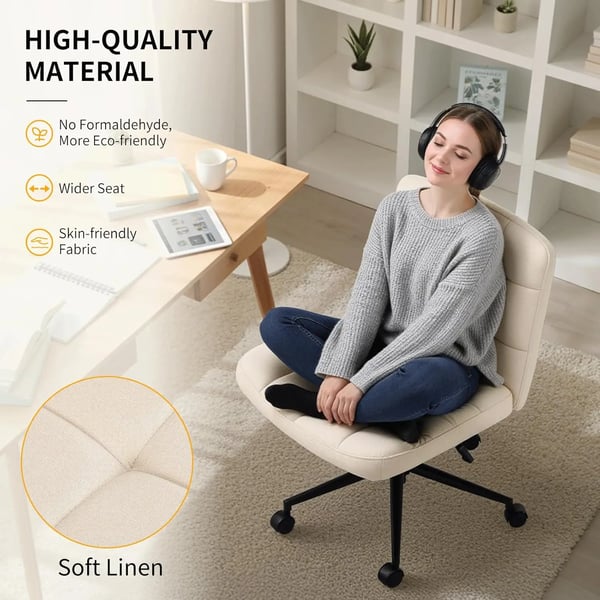Kontorstol - Skrivebordsstol - Bredt sæde til skrædderstilling - Ergonomisk - Højdejusterbar - 360° drejbar - Med armlæn - Hjul - Beige linned