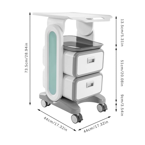 Salon- og klinikvogn med hjul - 2 skuffer - 60 kg bæreevne - 44×44×73,5 cm - ABS/PC/metal - Hvid