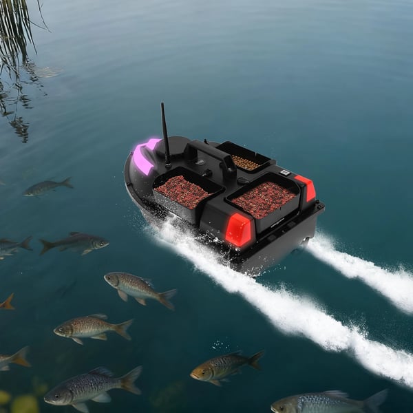 RC foderbåd til fiskeri - Agnbåd - 500 m Rækkevidde - GPS-Positionering - Automatisk Hjemkomst - 5200 mAh Lithiumbatteri - LED-Lys - Sort