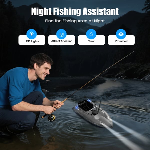 Fjernstyret foderbåd - RC fiskebåd - Rækkevidde 500 m - Last 1,5 kg - LED-lys - EU-stik - Rustfrit stål + ABS - Sort