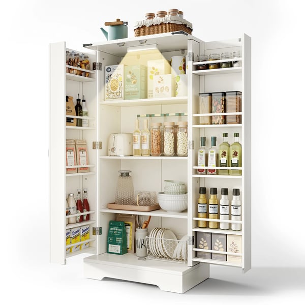 Køkkenskab - Skænk - LED-sensorlys - Højdejusterbare hylder - Dobbeltlåger med opbevaring - 60×35×128 cm - Samling kræves - Hvid