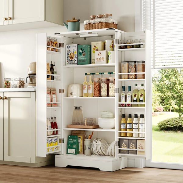 Køkkenskab - Skænk - LED-sensorlys - Højdejusterbare hylder - Dobbeltlåger med opbevaring - 60×35×128 cm - Samling kræves - Hvid