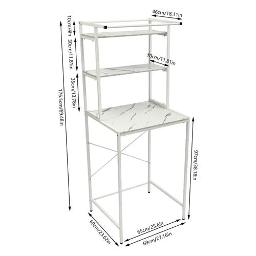 Overbygning til vaskemaskine/tørretumbler - Reol - 3 hylder - 69×60×176,5 cm - 10 kg/hylde - MDF+jern - Hvid+Marmor